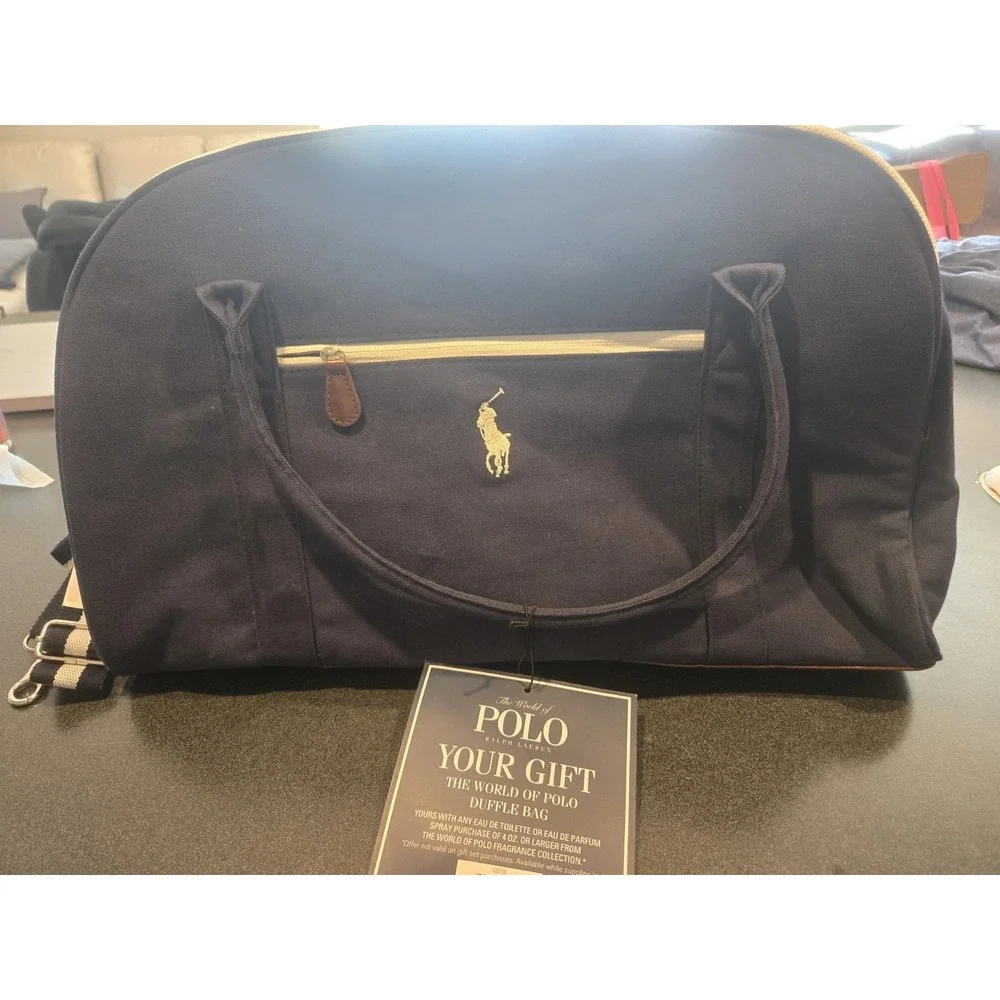 Ralph Lauren Polo World of Polo Duffel Bag Navy Canvas White Travel Bag NWT